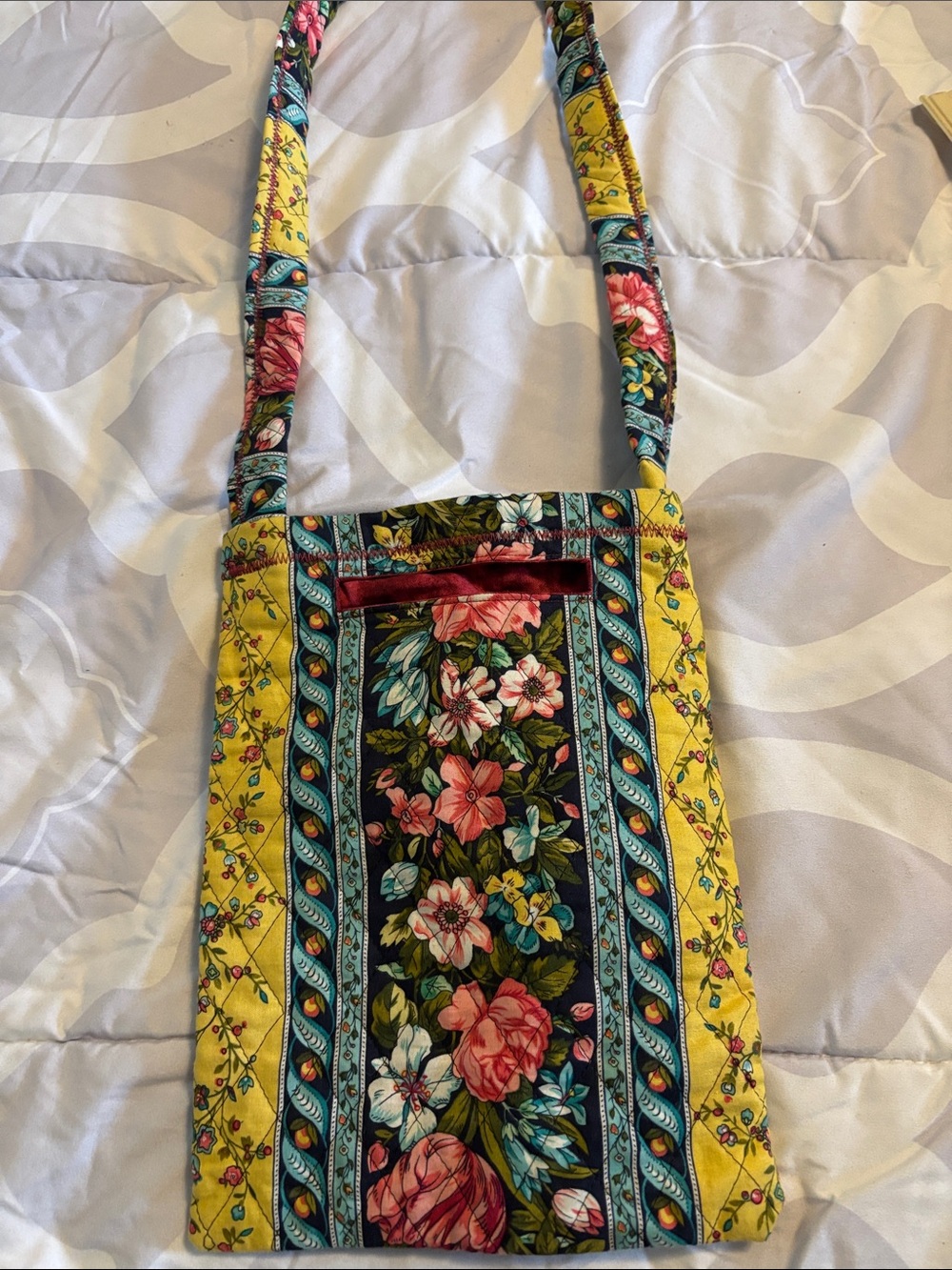 Artisan Yellow Floral Quilted Shoulder Bag with Turquoise Trim